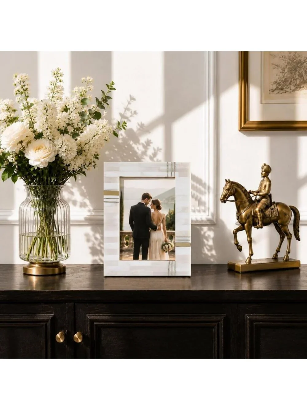 Handmade Bone Inlay 4x6 White Picture Frame - Elegant Brass Home Decor